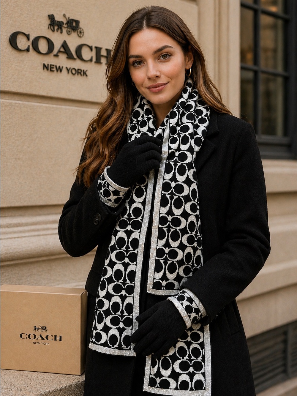 Coach Signature Metallic Gloves and Scarf Set with Free Gift Box.